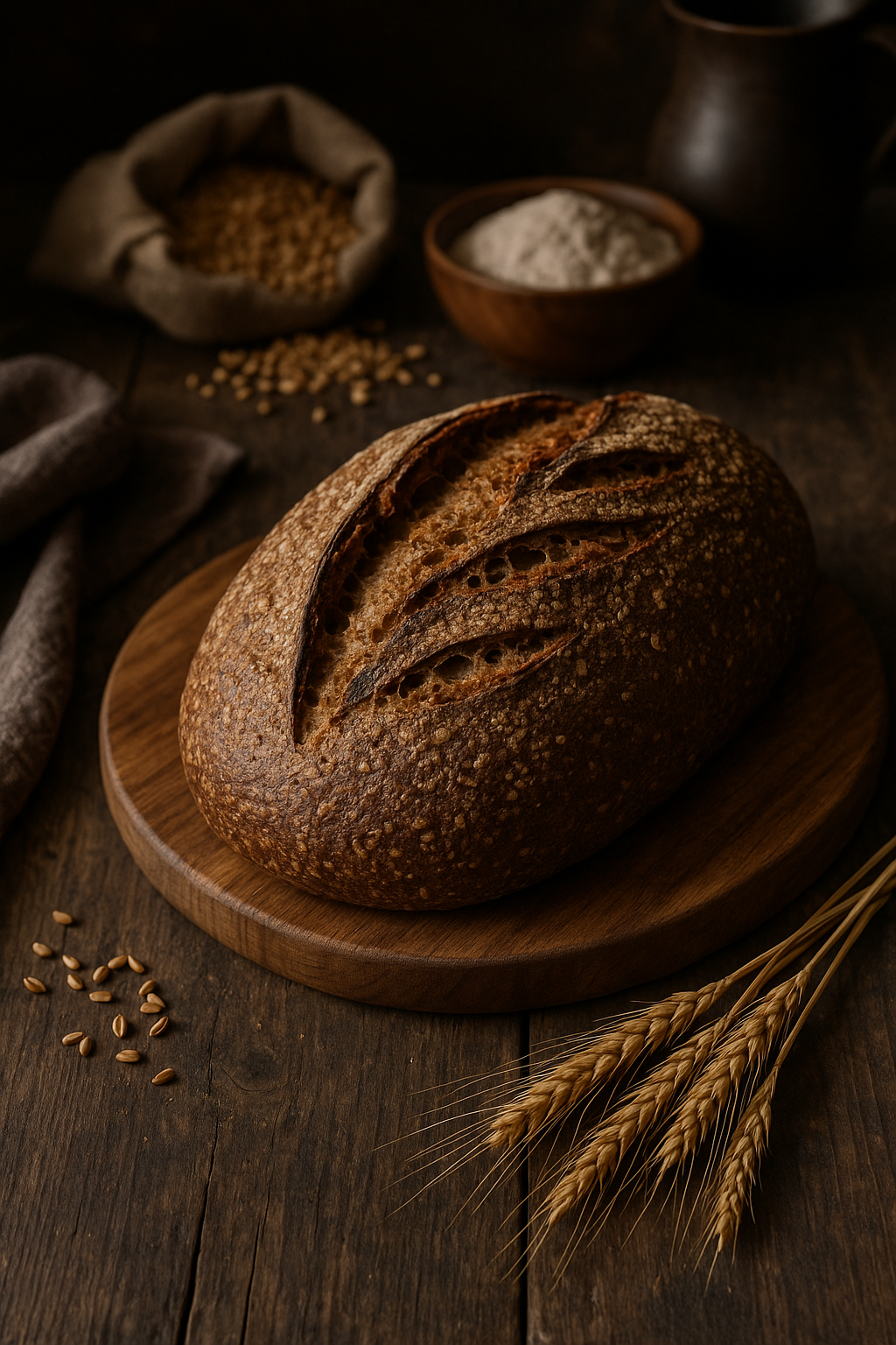 Frisch gebackenes Vollkorn-Sauerteigbrot auf einem Holzbrett.